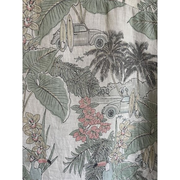 artisanNY 100% Linen Size Large Button Up Collared Cropped Short Sleeve Tropical - Picture 9 of 9